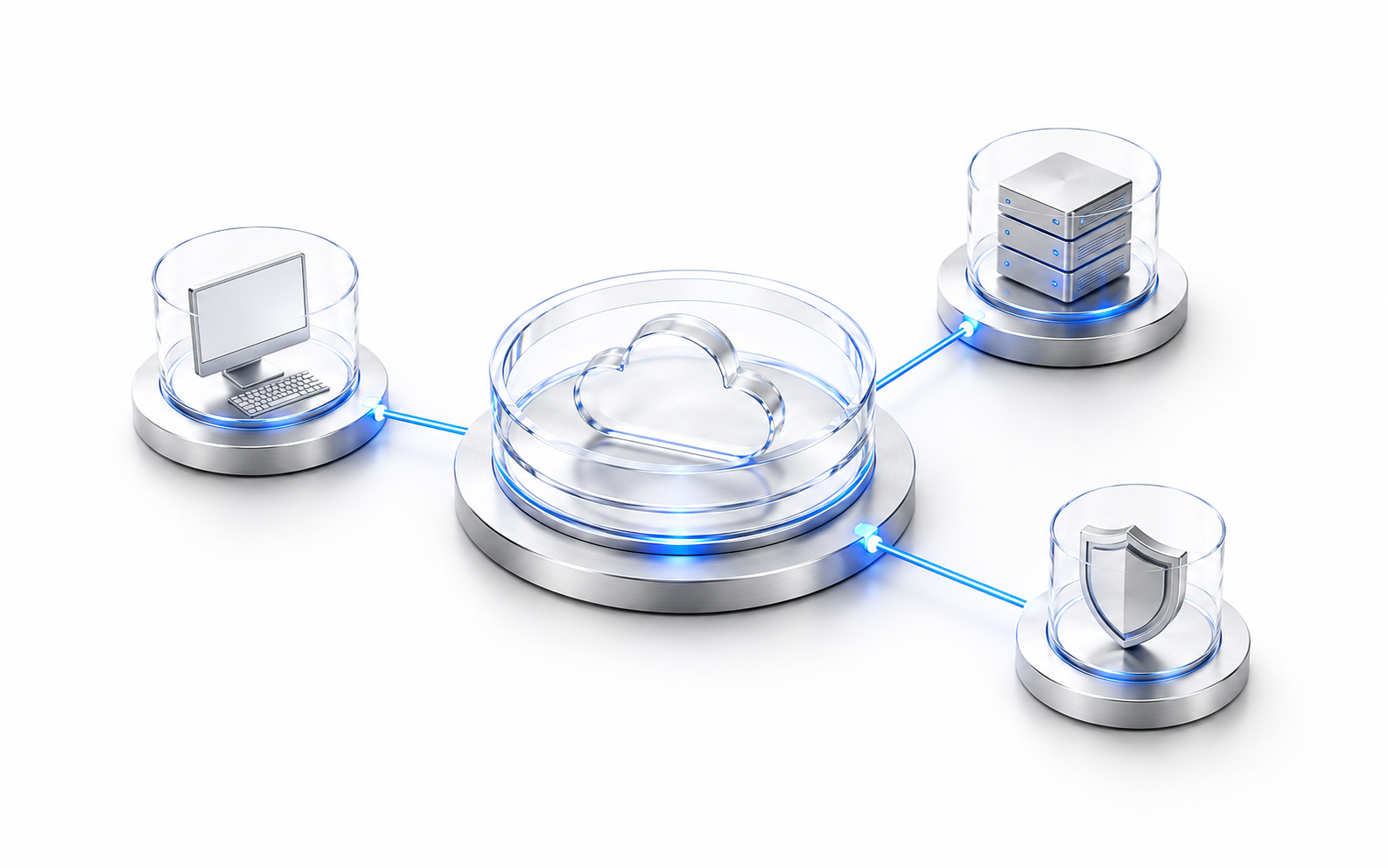 Schematische Darstellung einer vernetzten IT-Umgebung mit Arbeitsplatz, Server, Cloud und Sicherheit